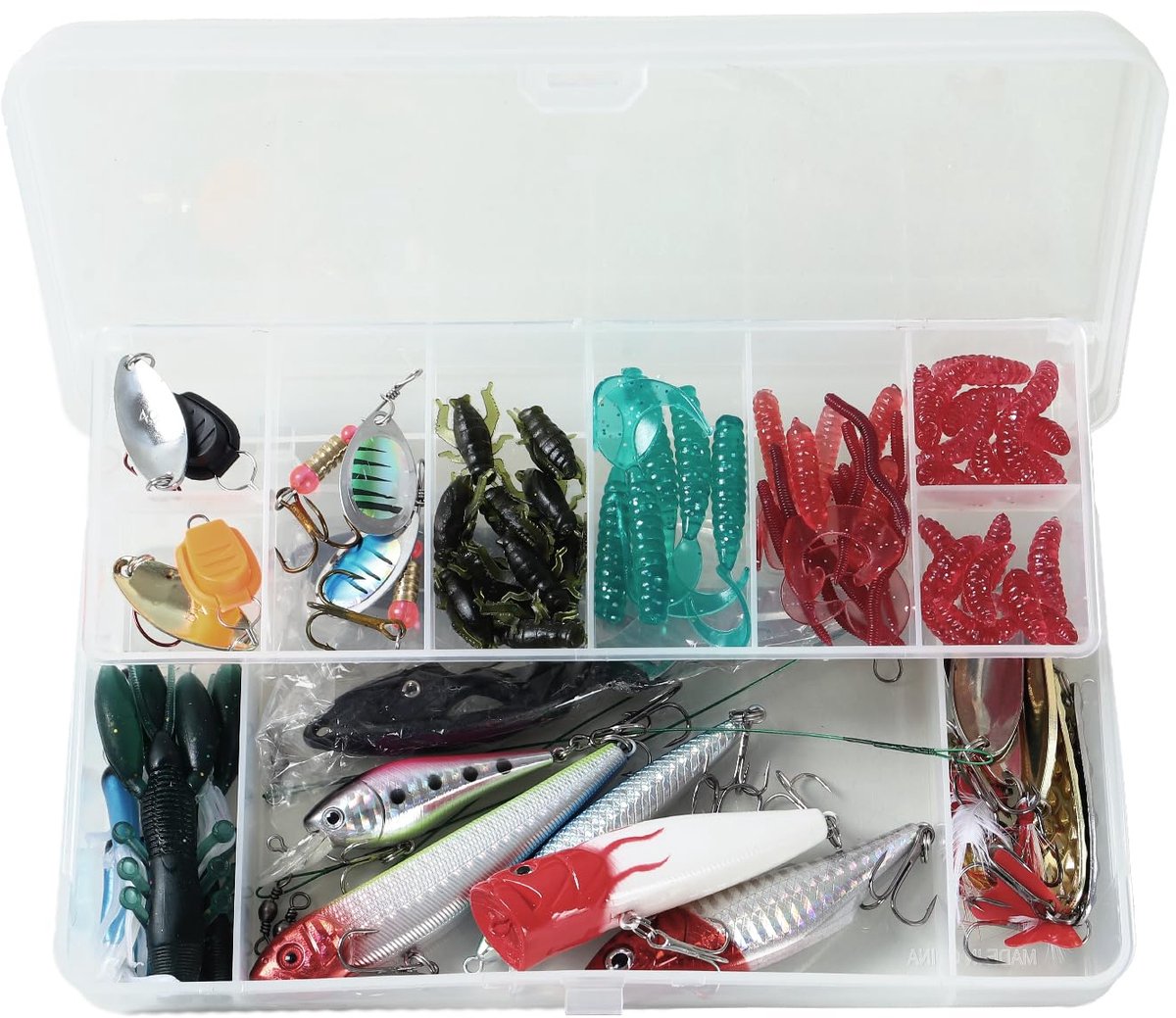 SnelShoppen - 120 stuks kunstaas set gemengd met visaas, spinners, dreggen, enkele haken, wartels, tangen, zacht kunstaas, plastic wormen, visaccessoi