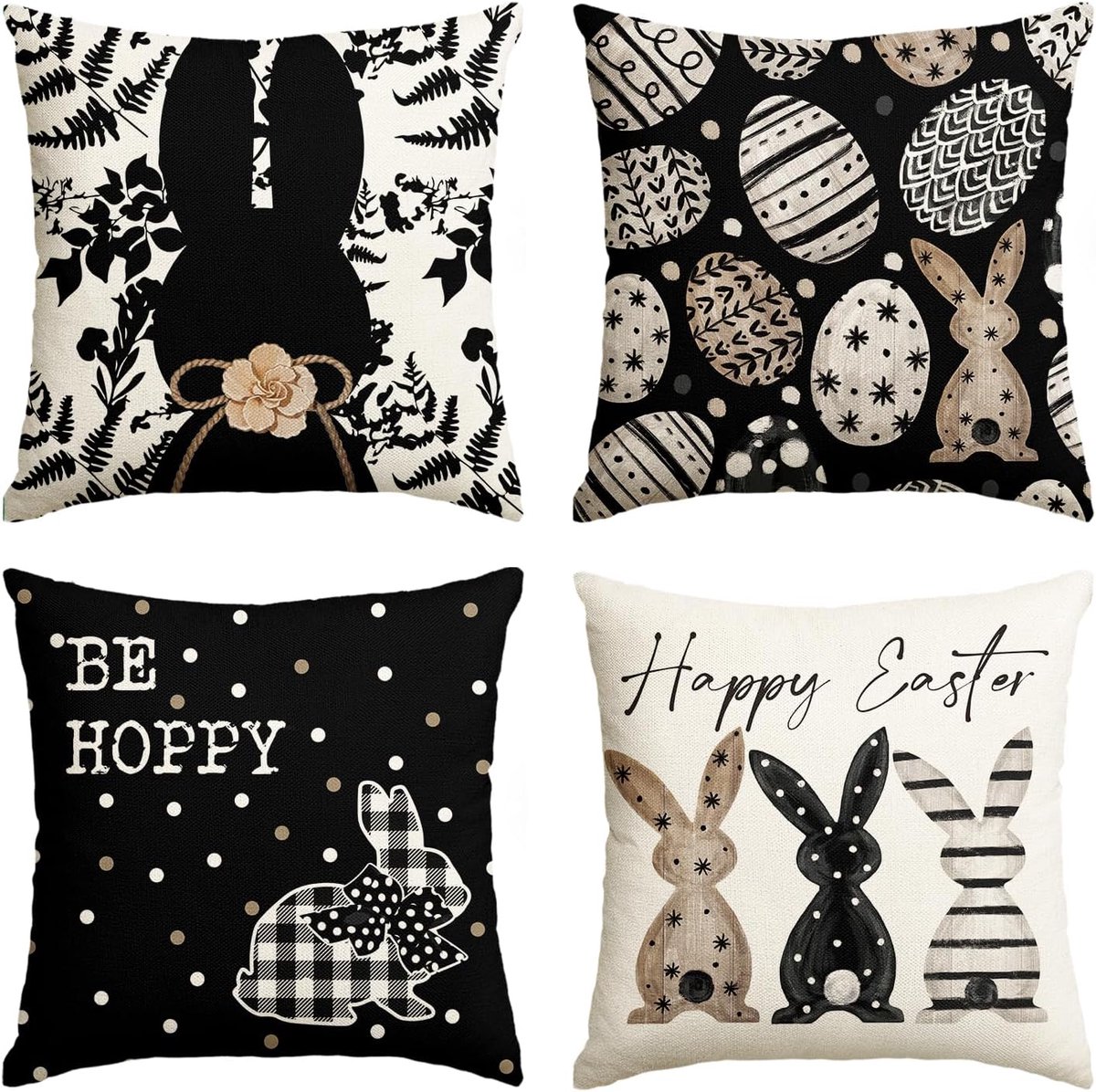 Mode Zwarte punten paaseieren konijntjes paaskussenslopen set van 4, 45x45 cm bladeren decoratieve kussensloop hoes bank woonkamer decoratie