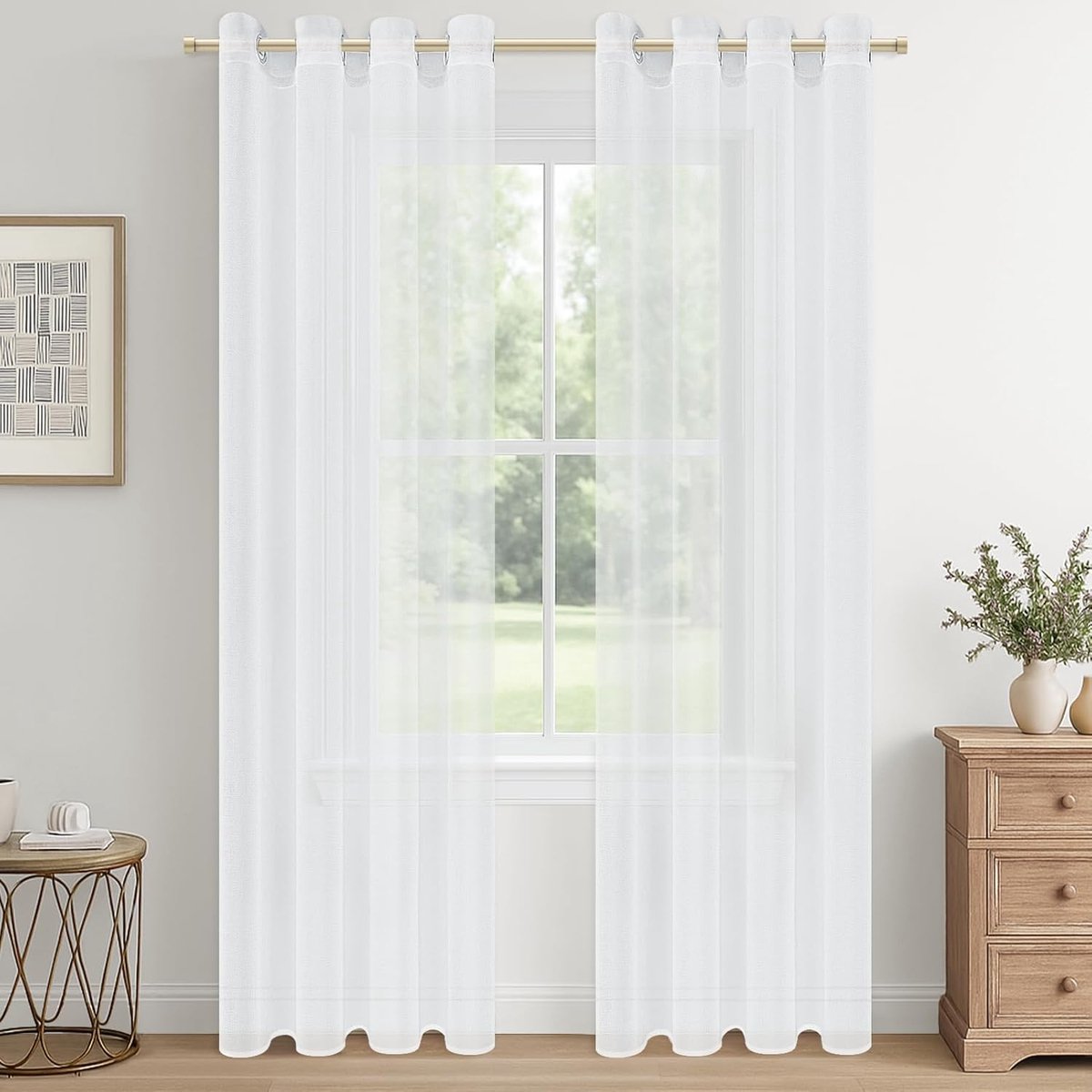 Gordijn, vitrage, met ogen, voile, mousseline, semi-transparant, raamdecoratie voor woonkamer, slaapkamer, keuken, 140 x 225 cm, wit