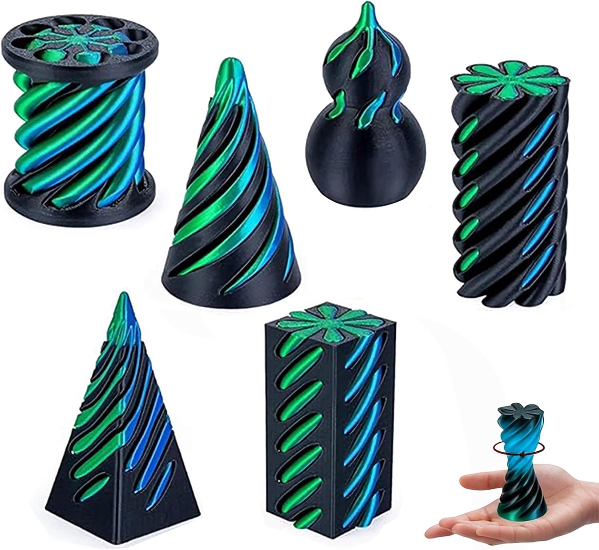 fidgetspeelgoed, 6 stuks, 3D-bedrukte kegelspeelgoedset, piramidespiraal, passthrough voor stressvermindering, anti-stress speelgoed voor concentratie, fidget toys voor volwassenen (B)