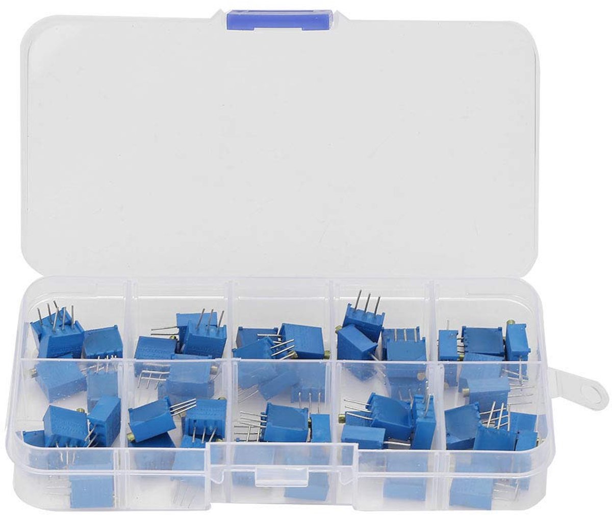 Potentiometerset, 50 stuks, 10 waarden, multiturn, variabele weerstand, trimmer, potentiometer, assortiment kit, 100 ohm ~ 200 K Ohm 3296 W, elektronische component