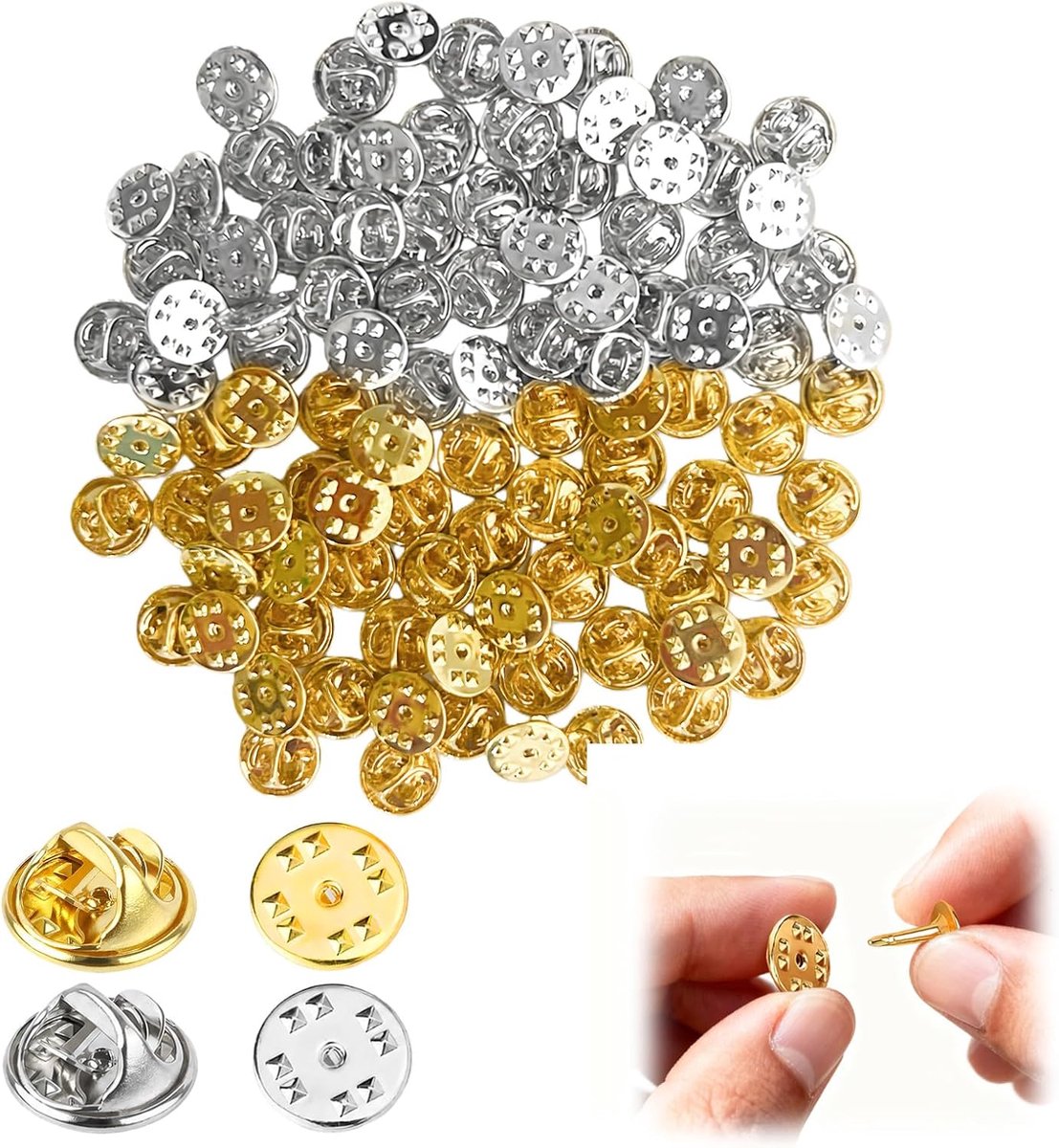 100 goudkleurige speldsluitingen, robuuste veilige vlindersluitingen, pinhouder voor broches, badges, spelden en creaties voor doe-het-zelf handwerk en naaien (goud en zilver)