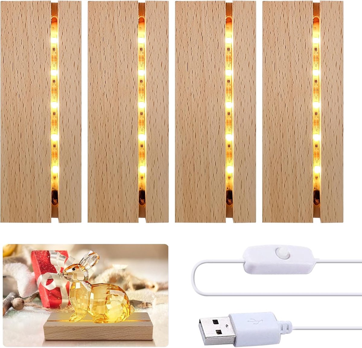 set van 2 of 4 LED-verlichtingsdisplayvoet, houten rechthoekig displayvoetstuk, kunstverlichting, displaystandaard voor kristalglas, harskunst, doe-het-zelf decoratief ornament (4 stuks)
