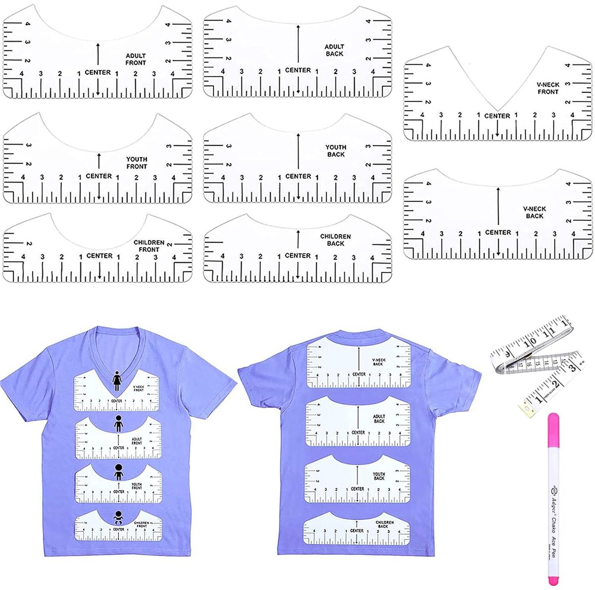 uitlijningsliniaal 8 stuks DIY T-shirt uitlijning gereedschap met 1 in water oplosbare markiepen + 1 meetlint