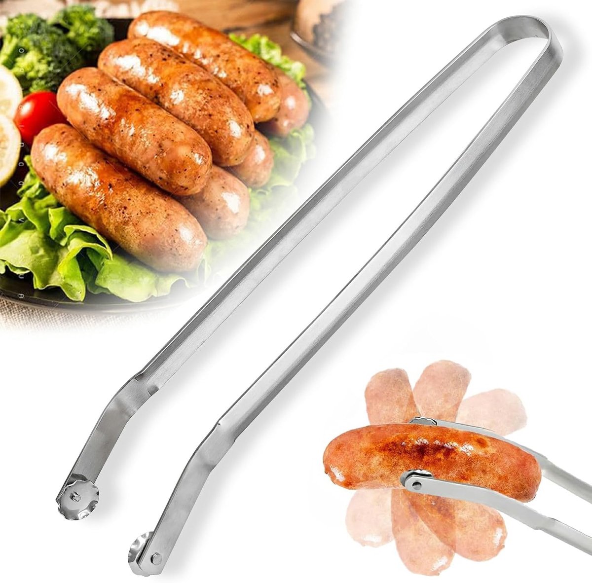 BBQ-worstdraaitang voor grillen flippen, 2024 nieuwe roestvrijstalen BBQ keukentang, lange steel kooktang voor het draaien van spek biefstuk vlees groenten
