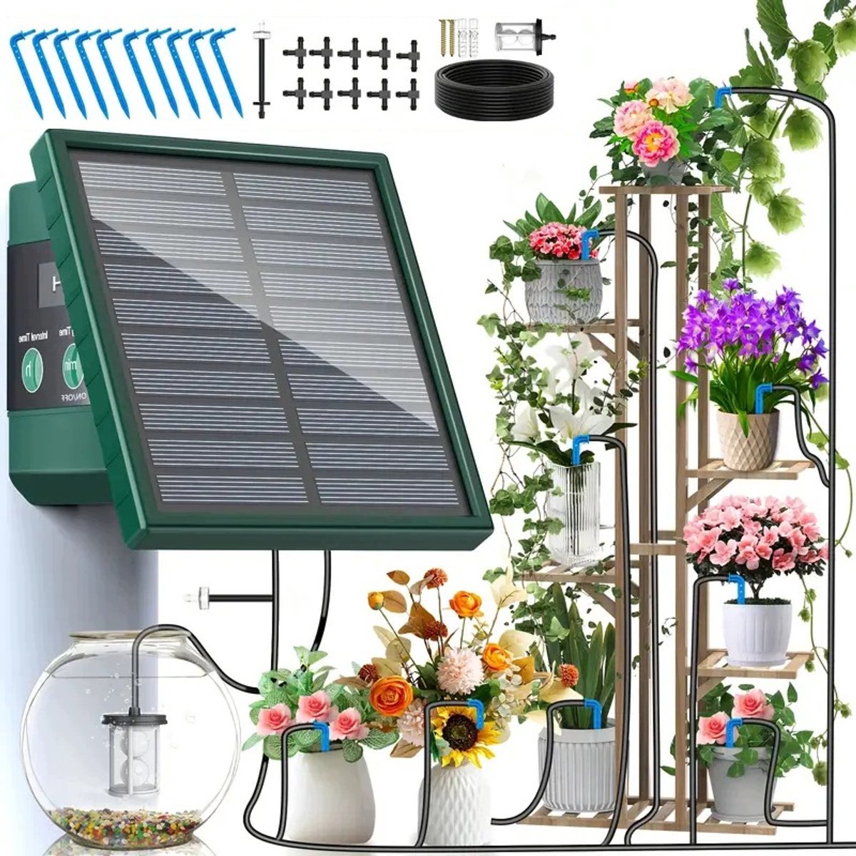Zonne-energie Druppelirrigatiesysteem - Timer 30 Standen & 10 Intervallen - 1500mAh & 30 Dagen Stand-by - IP65 Waterdicht - 10m Slang & Druppelaars - Voor Balkon, Terras & Moestuin
