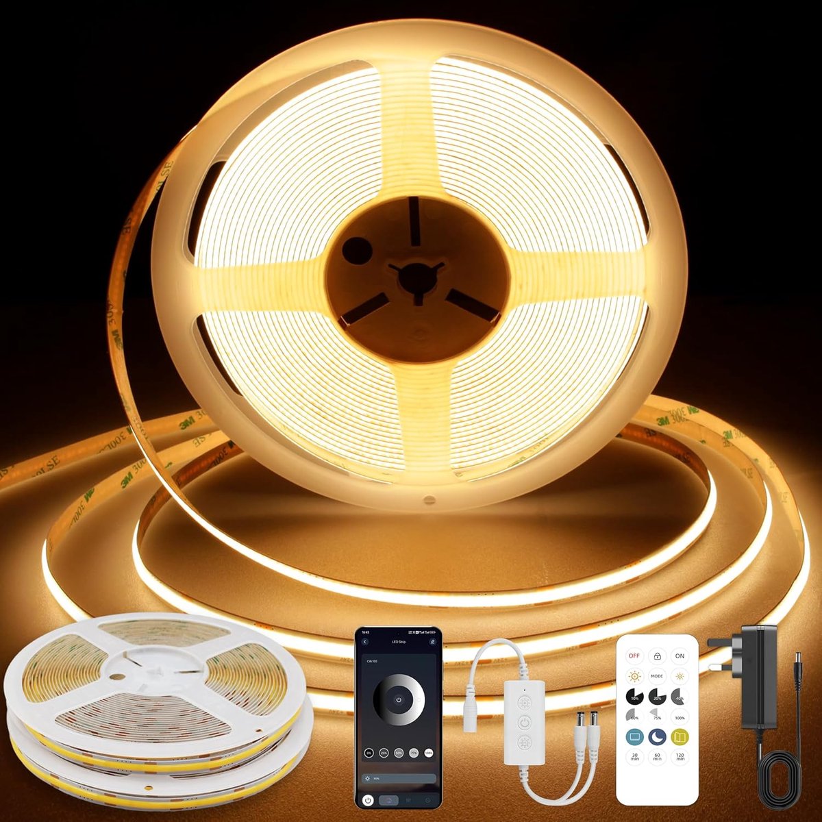 COB LED Strip 20m 2700K Warm Wit Dimbaar, COB LED-verlichting met Stroomvoorziening en Afstandsbediening, 384 leds/m, DC24V, CRI 90+, 8mm Breed,voor Woondecoratie (2 x 10 m)