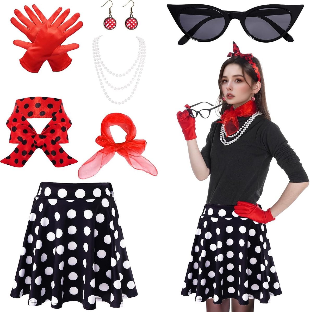 Retro 50s Kostuumset voor Vrouwen met Hoge Taille Mini Rok, Polka Dot Haarband, Kat Ogen Bril en Rode Chiffon Sjaal voor Motorkleding en Feestjes