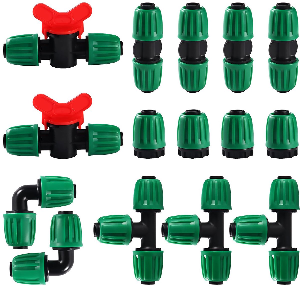 15 Stuks Drip Irrigation Fittings Kit voor 16 mm Irrigatiebuis, Druppelirrigatie Prikkeldraad Connectors voor Tuin, Gazon, met Schakelklep, T-stukken, Elleboog, Recht, Eindplug, Groen