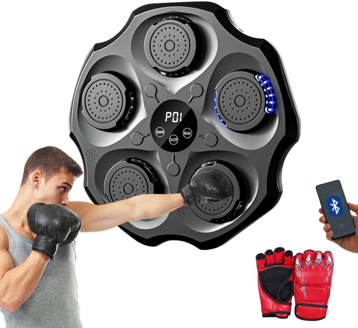 SnelShoppen - Muziek Boksmachine met Bluetooth, LED Verlichting en Bokshandschoenen - PU-Wandbokstrainingsapparatuur voor Feest, Kinderen en Sport - 4