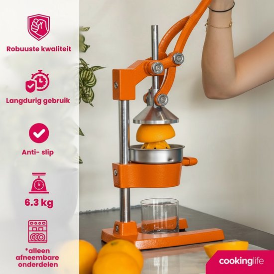 Cookinglife Gietijzeren Citruspers - Handmatige sinaasappelpers met pershendel en pulpfilter - O.a. geschikt als limoenpers, citroenpers of sinaasappelpers - Hevelmodel Oranje - Horeca Geschikt van Merkloos — afbeelding 2