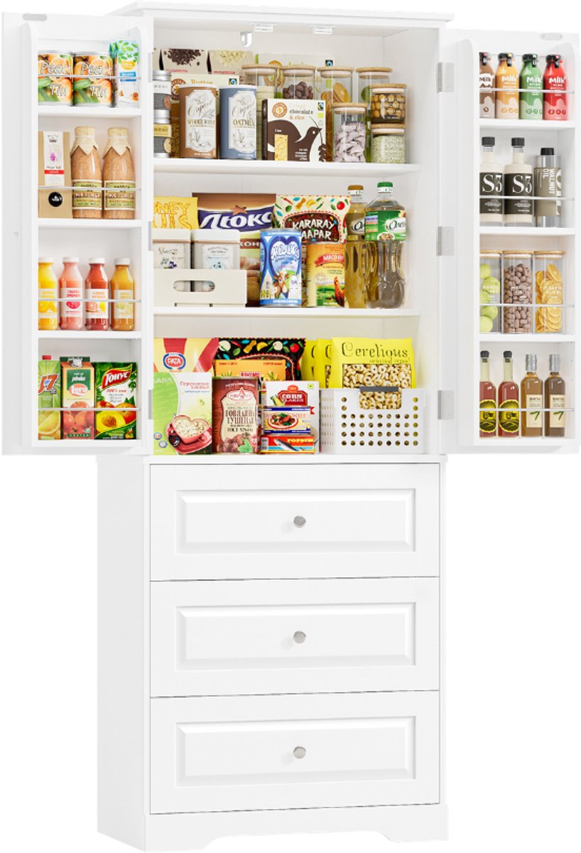 Keukenkast – Voor keukenopslag – 2 deuren, 3 lades, verstelbare planken – Wit, 60x40x150 cm
