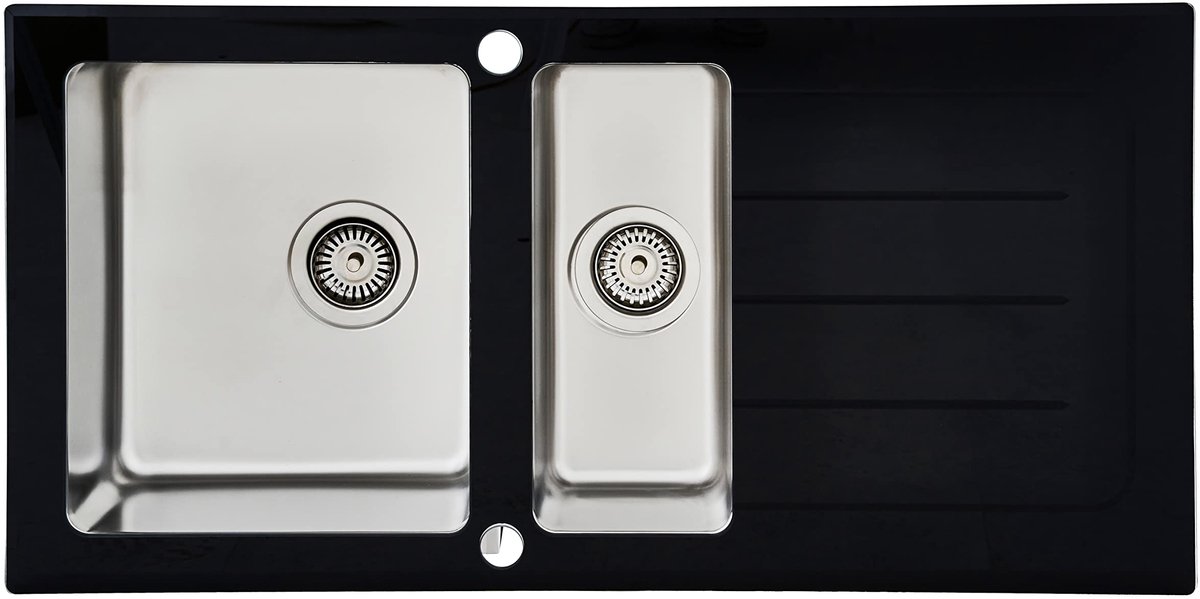 SnelShoppen - Glazen spoelbak zwart 1,5 wastafel 100 x 50 cm - inbouwspoelbak voor keuken onderkasten vanaf 60 cm breedte