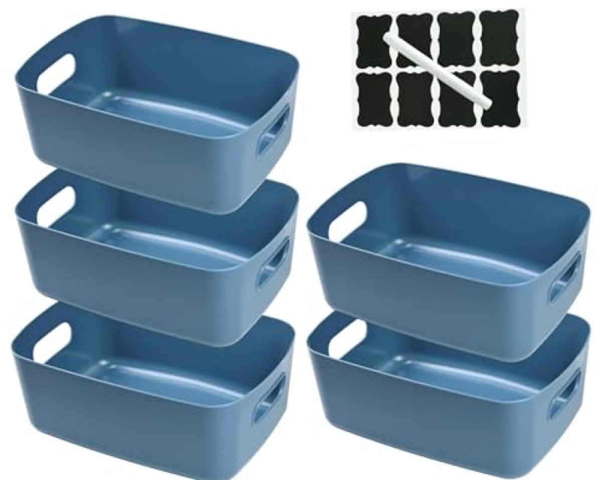 Huis Geluk Set van 5 Plastic Opbergmanden met Handvatten - 30×20×12 cm, Blauw