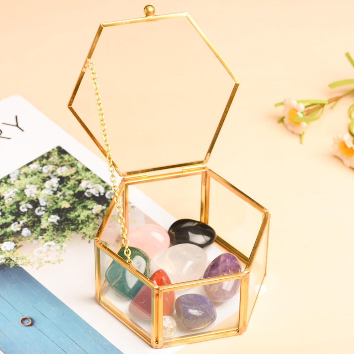 SnelShoppen - Glazen sieradenkistje, grote decoratiebox, doorzichtige displaybox, sieradenopberghouder, zeskantige ring-etui, sieraadorganizer, goudkl