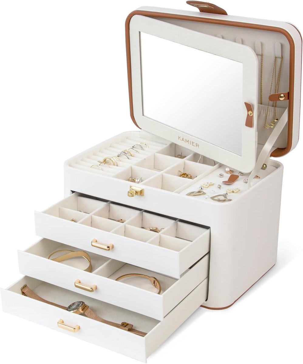 SnelShoppen - Sieradendoosjes voor dames, sieradenorganizer met spiegel, 4 lagen en 3 laden, wit, voor oorbellen, halskettingen, armbanden en ringen,