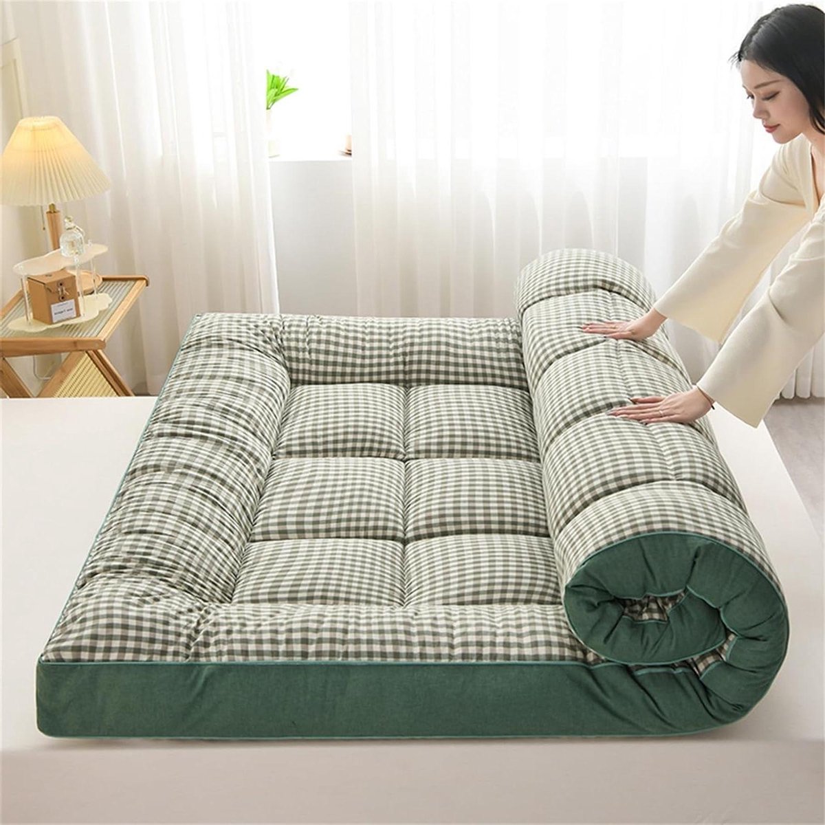 Japanse futonmatras - Vouwmatras vloerbed - Ruimtebesparend slapen - Met traagschuim kern - 180 x 200 cm - Geruit groen
