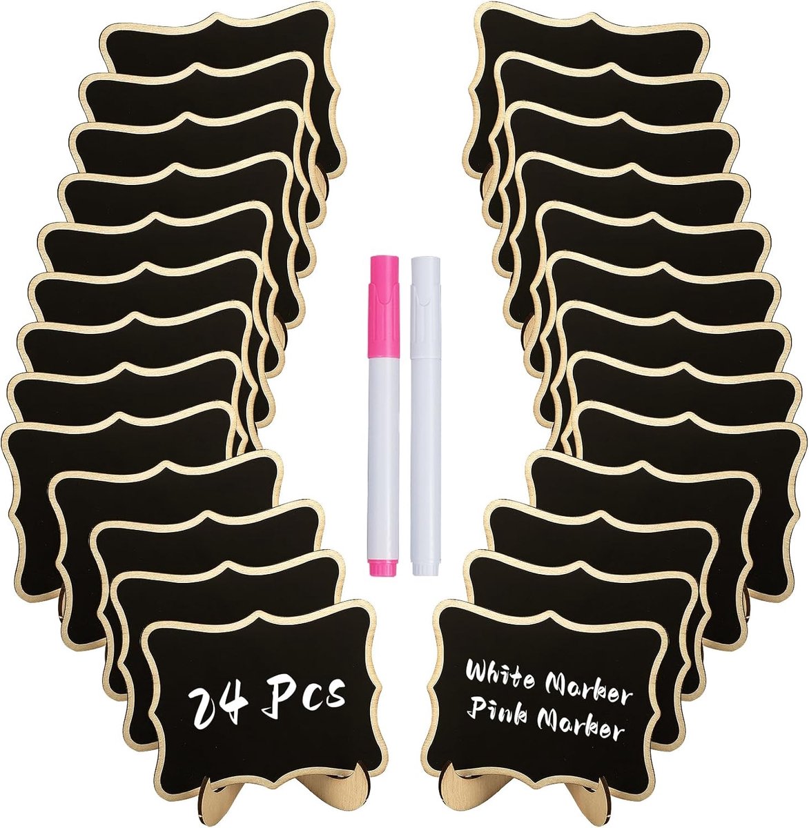 Klein golfvormig krijtbord met standaard, mini-krijtborden, levensmiddelen, krijtmarker & reservestickers, herbruikbare houten etiketten, buffets, bruiloften, zwarte placehouders, 24 stuks