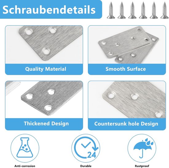 10 stukjes roestvrijstalen platte verbinders, zilver, geperforeerde platen | metalen platen, houten connector, platte hoek, platte hoek, verbindingsplaat, verbindingsplaat, met 60 schroeven — afbeelding 2