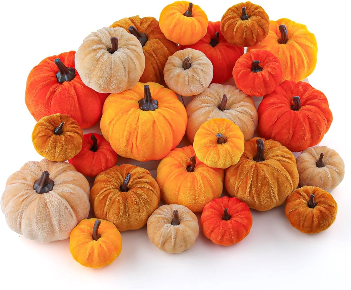 24 stuks pompoen decoraties set, 4 maten herfst kunstmatige pompoenen, fluwelen pompoenen, kunstmatige mini-pompoenen in warme herfstkleuren, Halloween & herfst tafeldecoraties voor thuis, feest
