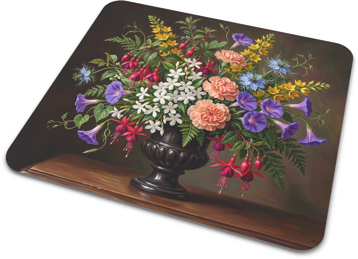 Muismat Klassiek Stilleven met Roze Fuchsia en Paarse Winde Antieke Bokaal Vaas Botanische Kunst en Bloemen 22x20 cm