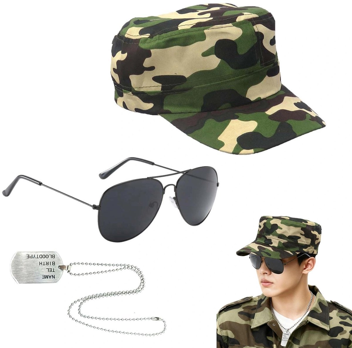 3 stuks legerkostuumset voor volwassenen, militaire soldaat verkleedkleding met camouflagehoed, pilotenzonnebril en hondenpenning ketting