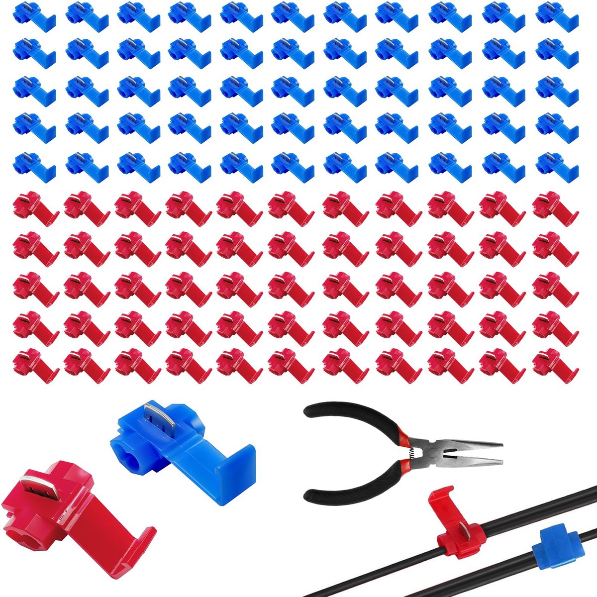112 Stuks Aftakverbinders Set, Scotch Lock Quick Splice Elektrische Draad Connectoren, T-Tap Snelverbinders met Tang voor Kabels, Draden en Circuits, Kabeldoorsnede 0,5-2,5mm ²/14-22AWG