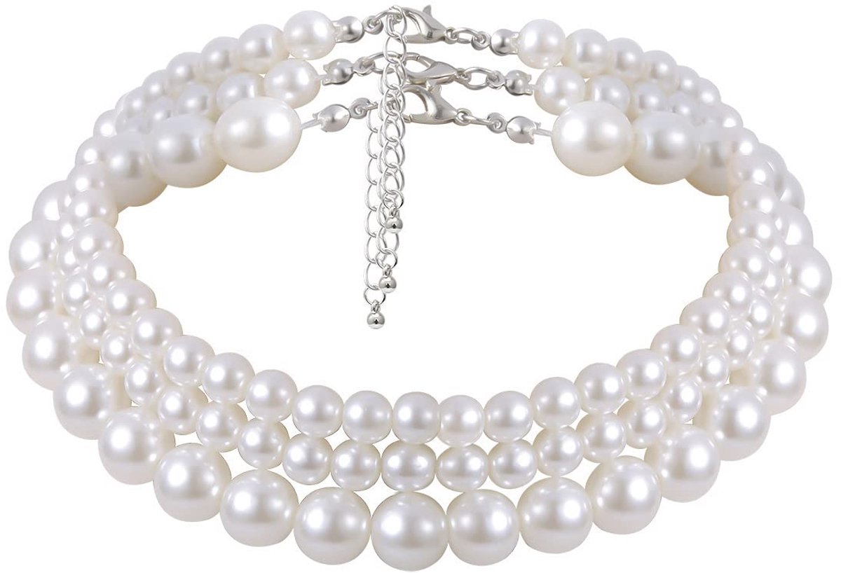 Simuleerde halsband, 3-rijen, parelketting, multistreng, korte parelketting voor vrouwen en meisjes, feest, verjaardag, bruiloft, sieraden, geschenken, 3 stuks
