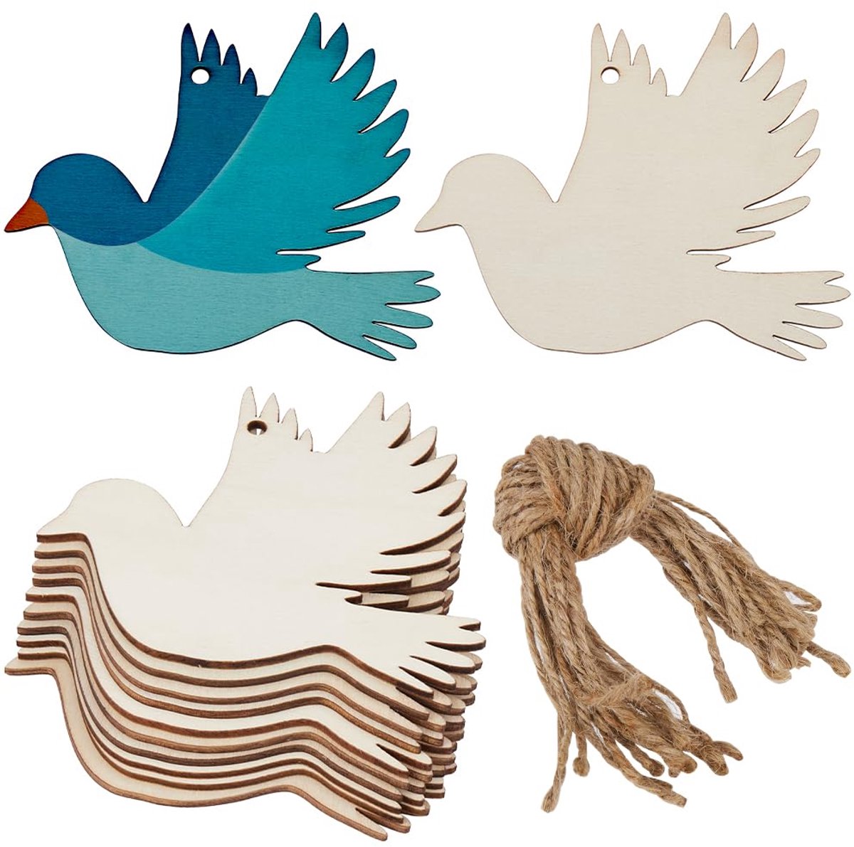 20 stuks kleine onafgewerkte houten vogels houten uitsnijdingen ornamenten vredesduif hangende vogeldecoratie schijfjes borden blanco met gat henneptouw voor bruiloft verjaardag kerst feest