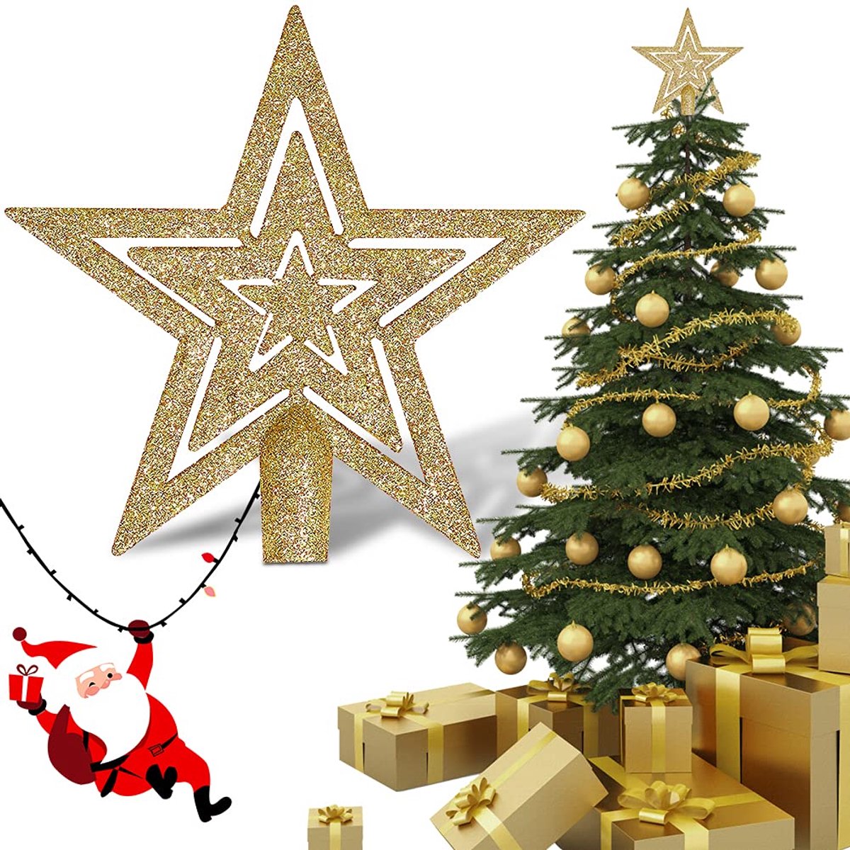 Kerstboomtopper ster, gouden kerstboom ster topper kerstboom topper ornament glitter pentagram ster kerstboom toppers voor kerstboom top home party decoratie (19 cm/7,5 inch)