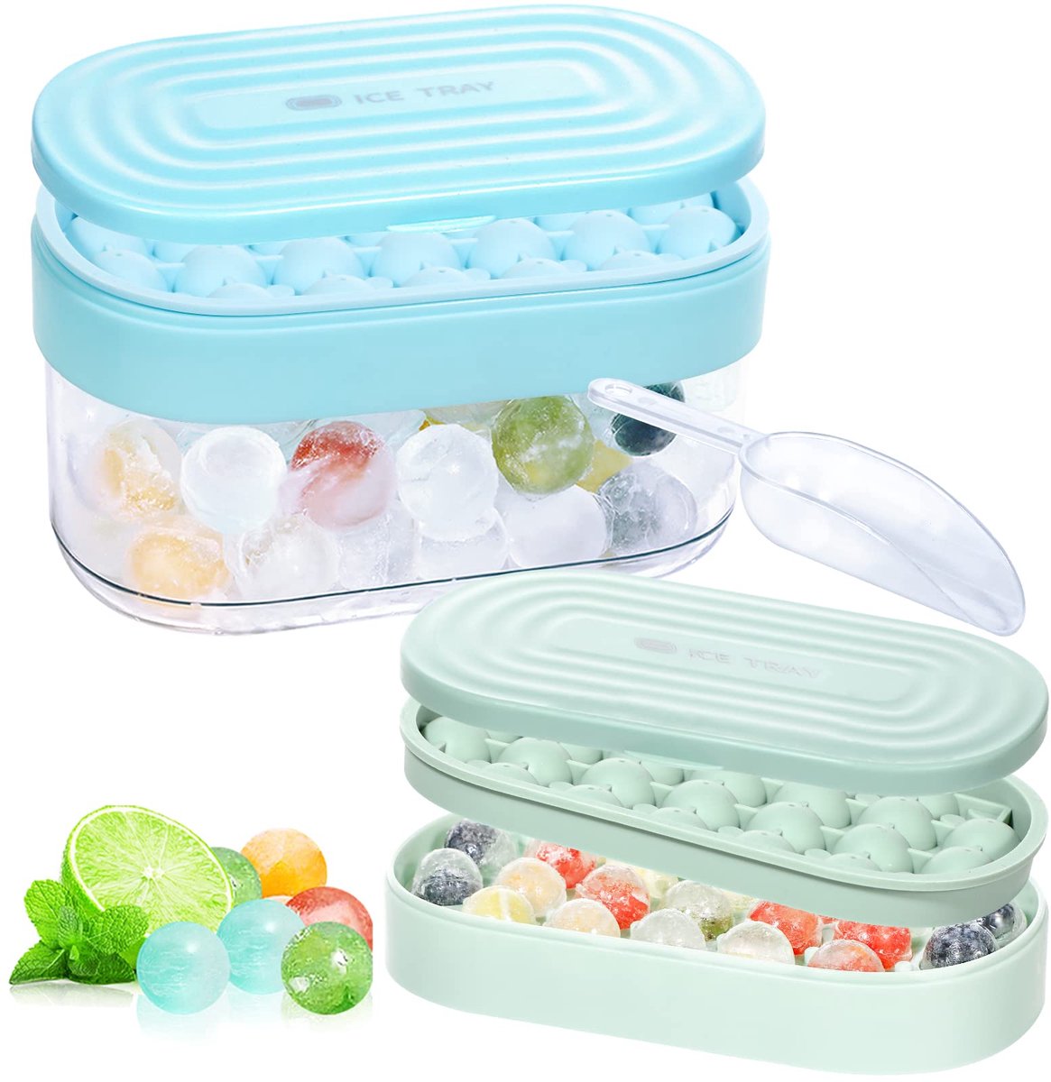Ijsblokjesvorm, bol, siliconen, 2,3 cm, ijsblokjeshouder met deksel en tang, kleine ronde ijsblokjesvorm, siliconen vorm, ijsblokjes voor cocktail, whisky, thee, koffie, 2 schalen, 1