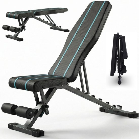 Verstelbare, inklapbare fitnessbank in zwart met blauwe accenten. Ook een opgevouwen stand.
