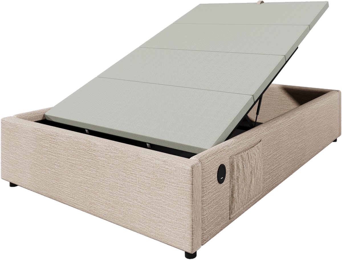 COVREO Bedframe 90x190 cm - beige linnen, opbergruimte en USB-C, zonder matras