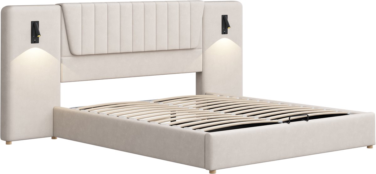 Gestoffeerd bed van 180 x 200 cm, extra lange rugleuning, verstelbare leeslamp, USB-oplaadpoort, hydraulische opbergruimte, tweepersoonsbed, fluwelen stof, beige.