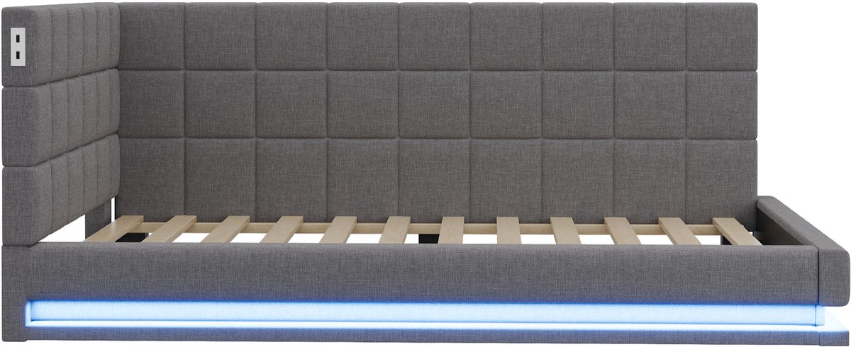 COVREO Slaapbank 90x200 cm grijs linnen met LED-verlichting, USB-aansluiting en lattenbodem
