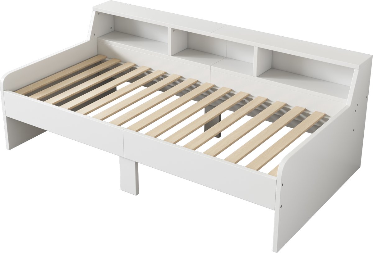 COVREO Bedframe 90x200 cm - wit, hout en MDF, met 2 lades, zonder matras
