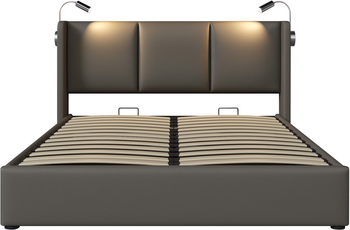 COVREO Bedframe 160x200 cm - grijs kunstleer, opbergruimte, zonder matras