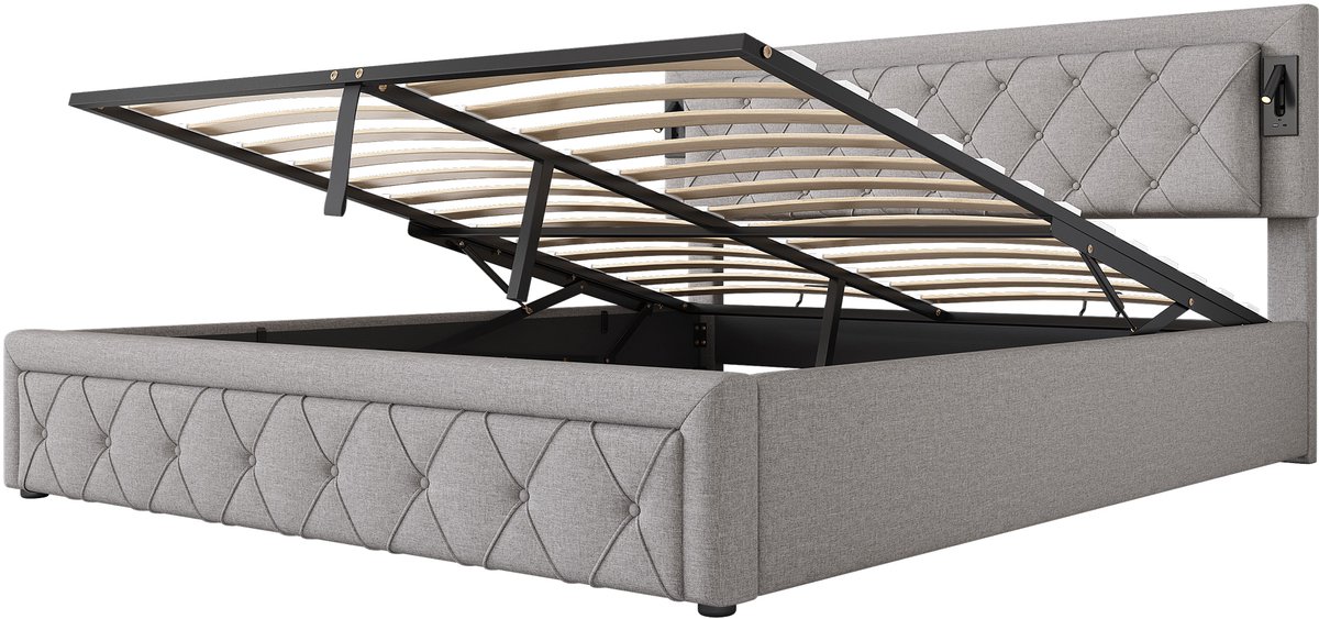 COVREO Bed 180x200 cm grijs, stof met opbergruimte USB en lattenbodem