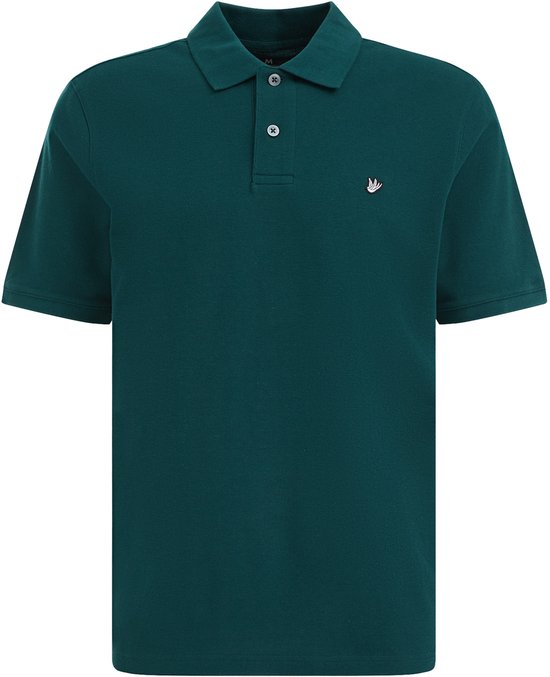 Donkergroen poloshirt met kraag, knoopsluiting en een geborduurd logo links op de borst.