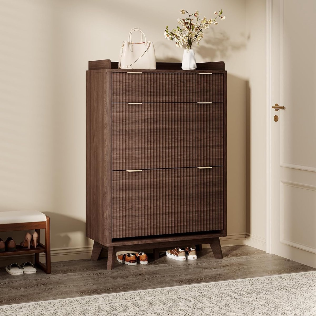 Schoenenkast Zwart Walnoot met Lade en 2 Kantelvakken - House&Garden Verona - Hoge Houten Schoenenkast met Verstelbare Planken - Smalle Schoenopberger voor Hal en Gang - Modern Geribbeld Design - 122 x 80 x 36 cm