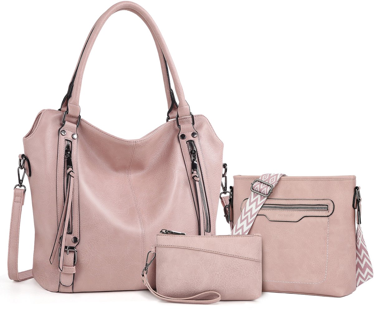 TANTOMI - Dames Handtassen, Driedelig Handtassen set met Dames Schoudertas, Shopper - Werktas - Oudroze