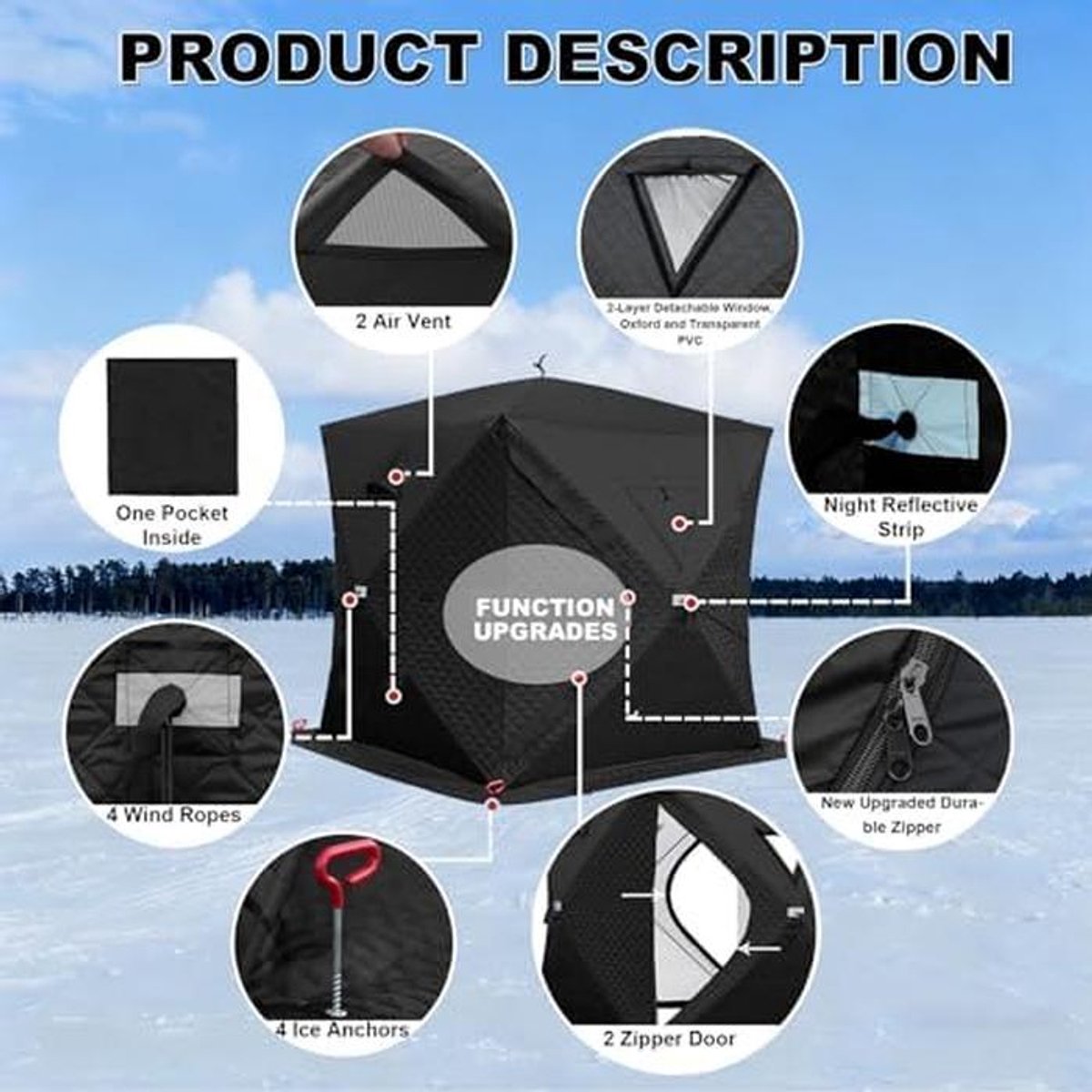 Buitentent Sauna - Outdoor Tent Vis tent - Buiten Ontspannen - Warmte-isolerend Ontwerp - 180x180x210 cm - Zwart thumbnail 4