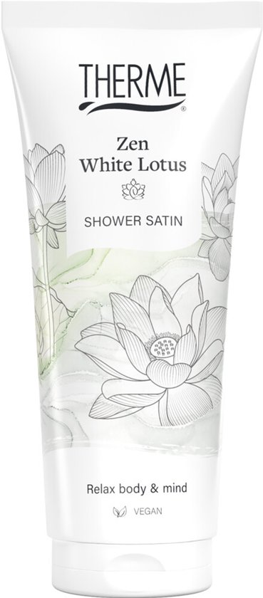 Witte tube met THERME Zen White Lotus Shower Satin. Beschreven met lotusbloemen en groen blad.