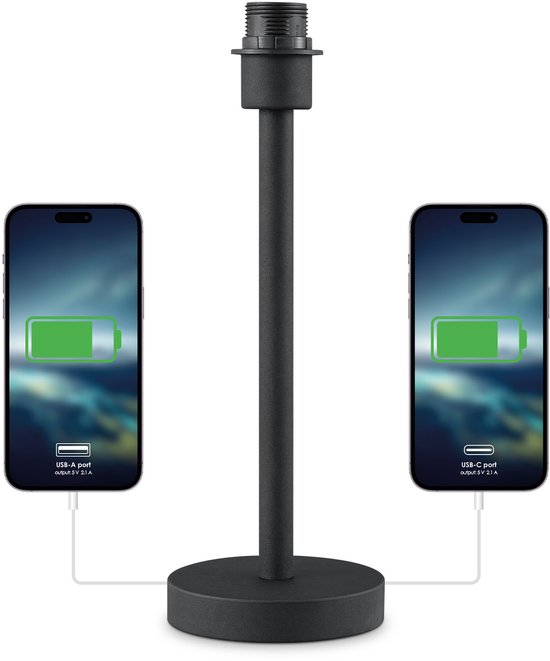 Home Sweet Home - Pied de lampe de table moderne en Zwart - 14 x 14 x 39 cm - Comprend un port USB A+C - Veilleuses classiques pour la chambre - pour abat-jour de 35 cm maximum - Lampe de chevet E27 - Source lumineuse non incluse