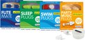 Vier dozen met oordopjes: 'FLITE MATE', 'SLEEP PLUGS', 'SWIM PLUGS' en 'PARTY MUSIC PLUGS'.