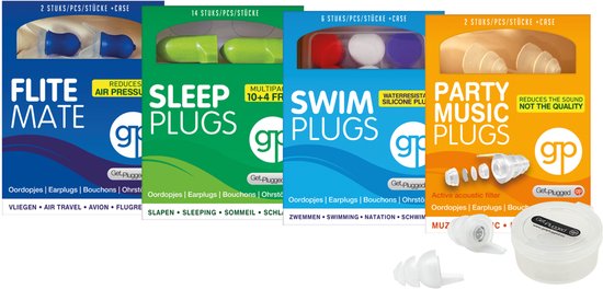 Vier dozen met oordopjes: 'FLITE MATE', 'SLEEP PLUGS', 'SWIM PLUGS' en 'PARTY MUSIC PLUGS'.