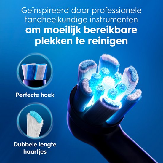 Oral-B iO borstelkop met 'perfecte hoek' en 'dubbele lengte haartjes' voor moeilijk bereikbare plekken.