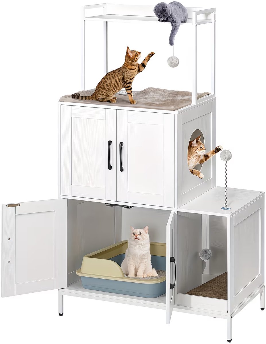 NordPaw® Kattenbak Kast met Kattenhuis en Ligplatform – Verborgen Kattenbak Meubel met Krabmat en Speelballetjes – 135 cm – Wit