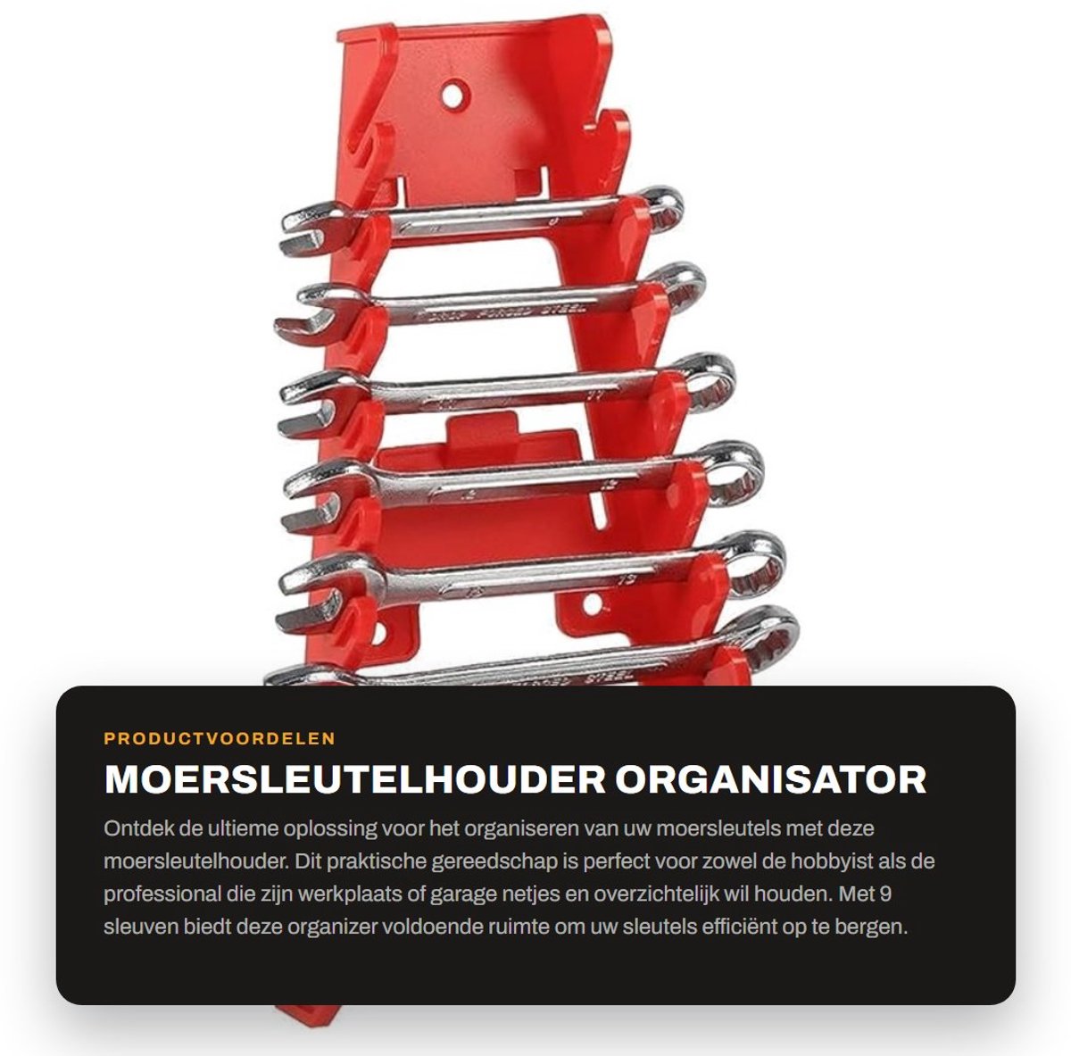 Dailygoods- Moersleutelhouder Kunststof 9 Sleuven - Gereedschap Organisator - Opbergrek - Slagvast - Muurbevestiging - Rood - Gereedschapsorganizer