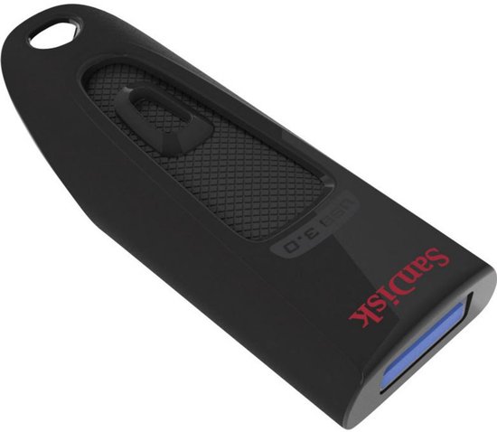 Zwarte SanDisk USB 3.0 stick met een rubberen grip en rode logo.